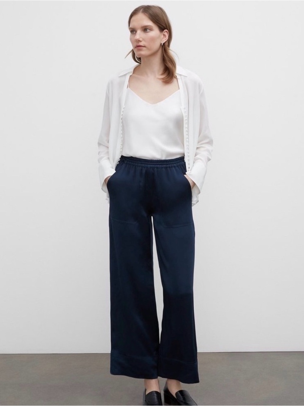 Club Monaco Pajama Pants in Navy Blue Shine Wide Leg XS